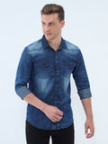 Men Washed Casual Blue Shirt Blue Faded